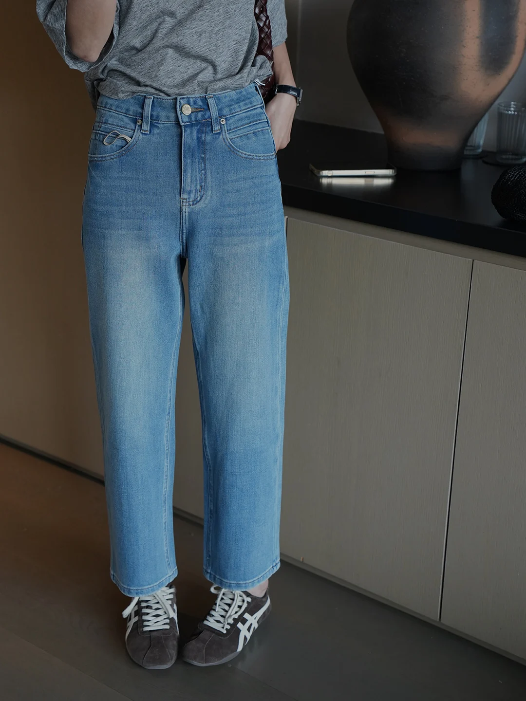 

Retro Waed Nine-Tenths Straight Leg Jeans Women's Versatile Slim Fit ing Pipe Pants High Waist Cotton Spring New Arrival