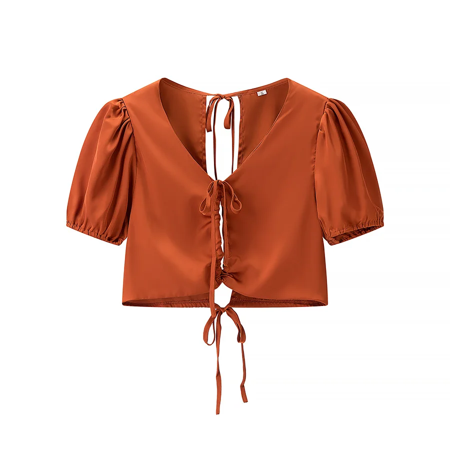 Faionable JNLEAOG Women's irt Spring New Sle ort Sve Front Bow Design Slim Fit Polyester Fiber V-ne ort Length