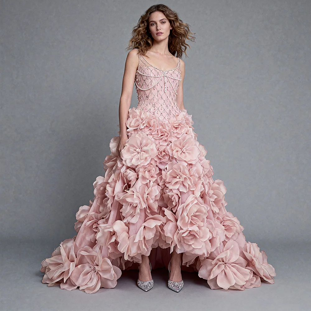 

Luxury Sparkly 3D Flower Evening Dress Handmade Floral Appliques Long Prom Gown Elegant Formal Photoshoot Dress Women