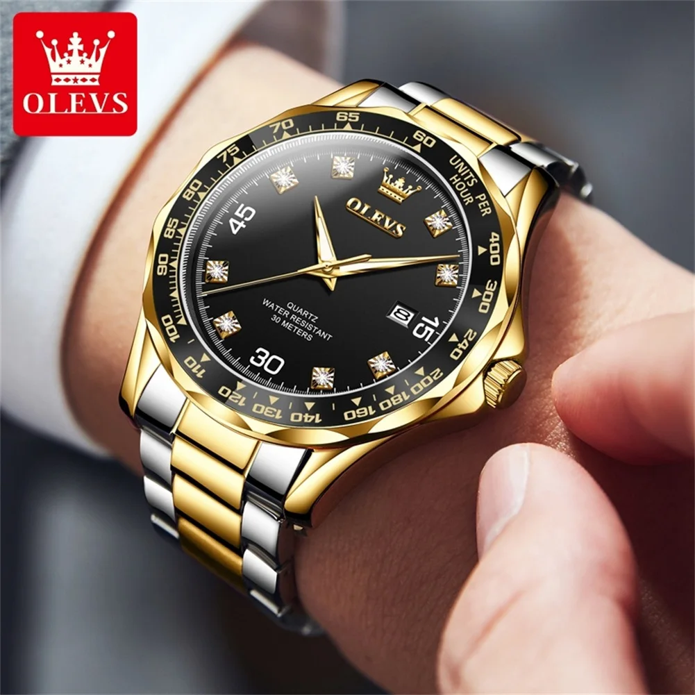 OLEVS Golden Green Quartz Watch for Men Luxury Brand Diving Waterproof Stainless steel Rubber Strap Men\'s Watches Original 9988