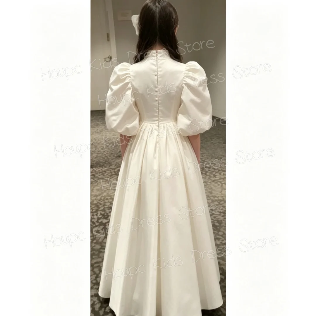 Custom White Satin Flower Girl Dress for First Communion, High Neck Puff Sleeve A-Line Gown with Button Front & Full Skirt, Cust