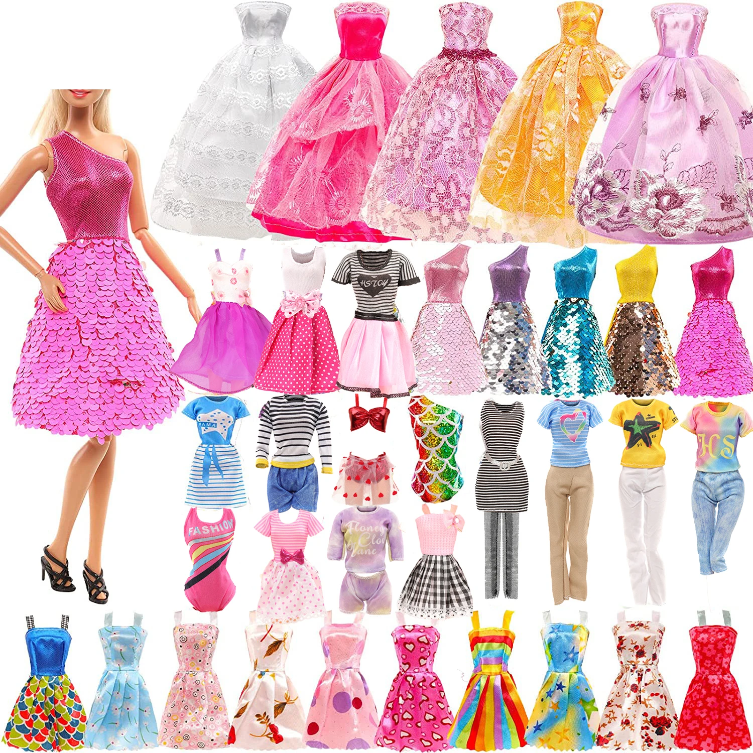 30 Pcs Doll Clothes 5 Tops 5 Pants Outfits 5 Fashion Dresses 5 Sequin Dresses 3 Party Gowns 2 Swimsuits 10 Braces Skirts