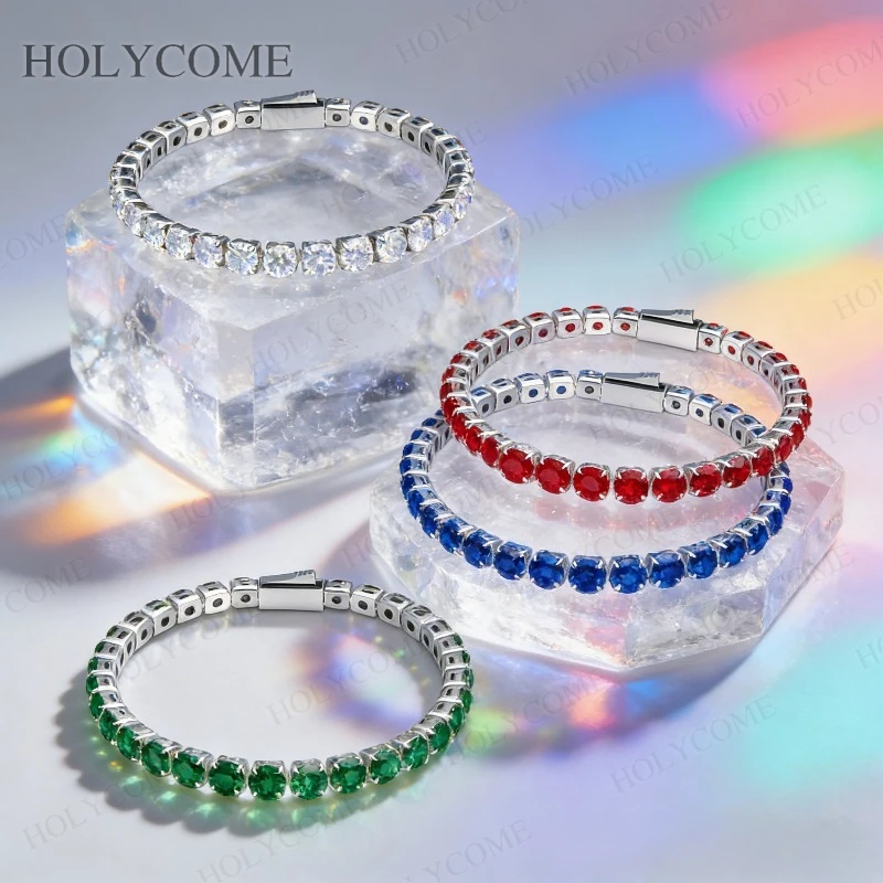 

3mm-5mm Tennis Bracelet Moissanite Lab Sapphire/Ruby/Green 6-24 Inch Silver Plated Colorful Sparkling Wedding Party Jewelry Gift