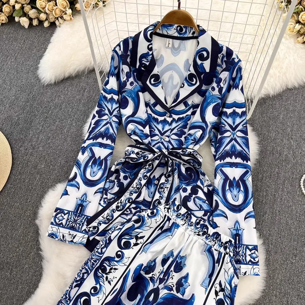 Runway Fashion Single Breasted Blue And White Porcelain Print Blouse+Wide Leg Pants 2 Pieces Set Women Chic Designer Outfits