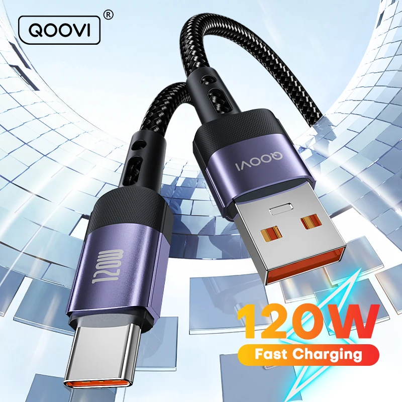 QOOVI 120W 6A Ultra Fast Charging USB Type C Cable Quick Charge Charger Data Cord for Samsung Xiaomi HUAWEI OnePlus Poco F3