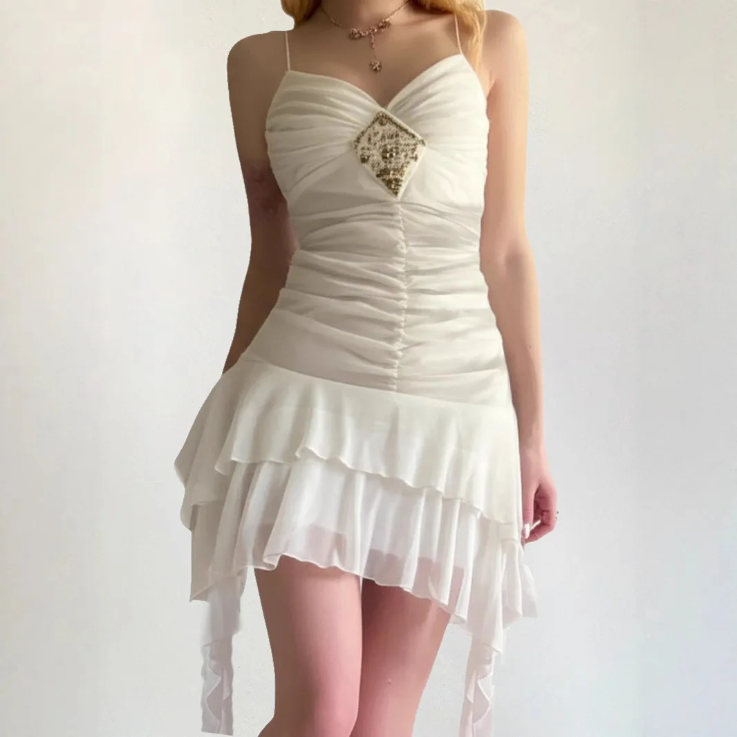 ชุดเดรสสั้นวันหยุด Pure-Chic Irregular Ruffle Ruched Waist V-Neck Wrap Crop Cami Slim Fit Summer Beach Trendy