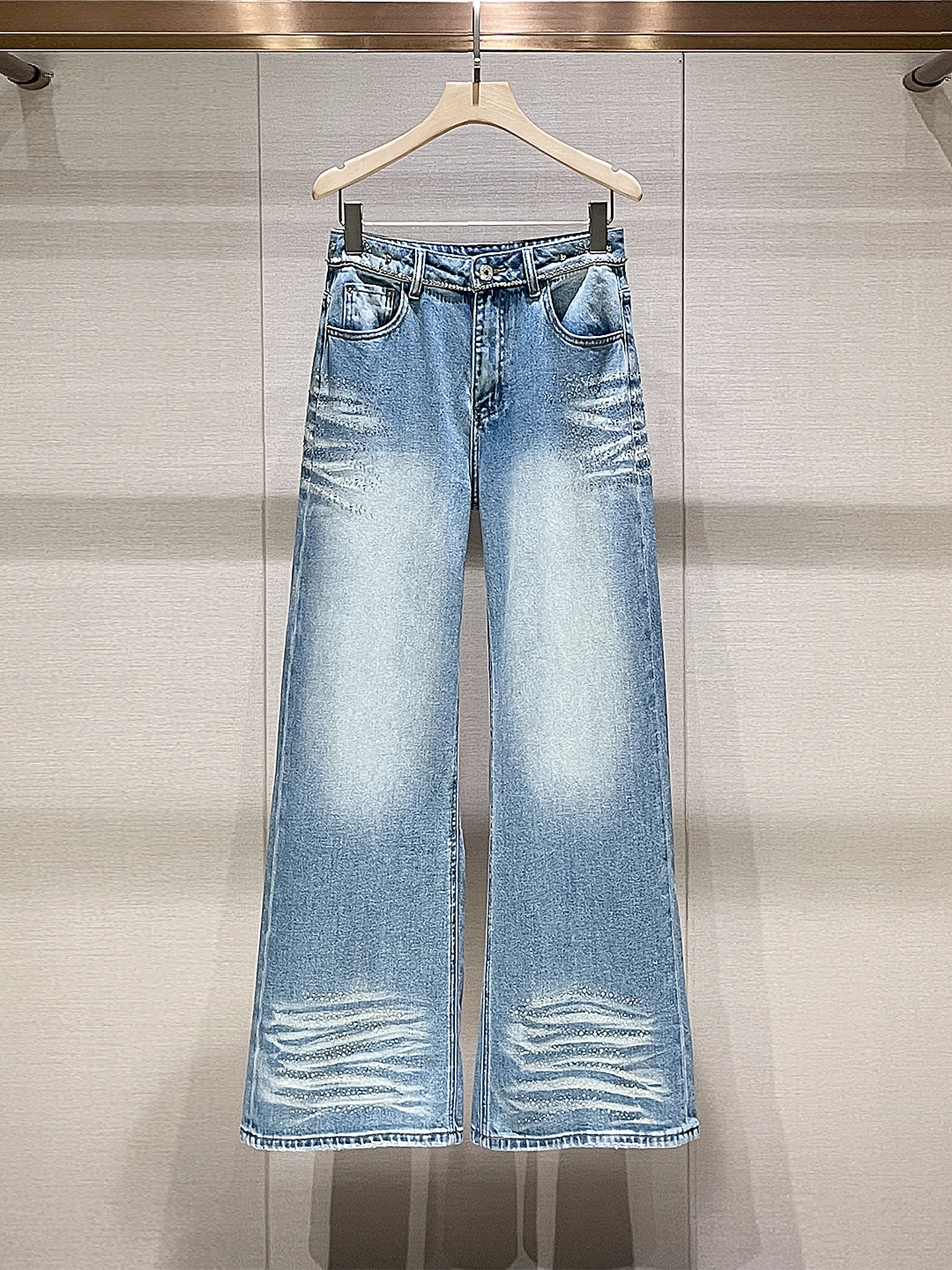 

High Waist Blue Denim Jeans Women's Design Sensation Spring New Style Heavy Work Rhinestone Slimming Casual American Retro St...