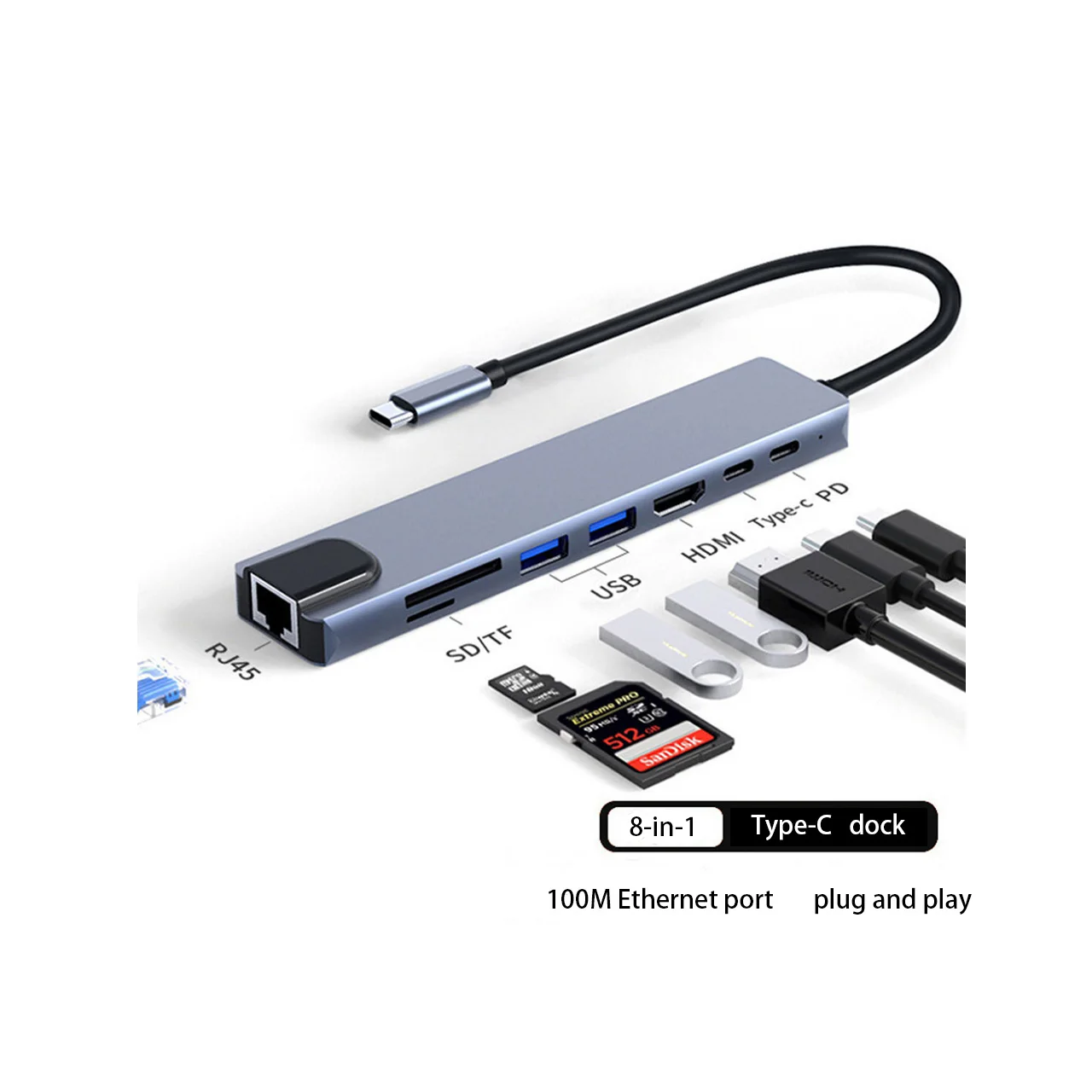 

Док-станция расширения 8-в-1 (100-мест Ethernet-порт HDMI) Док-станция расширения 8-в-1 Порт Ethernet Type-C Многопортовая док-станция расширения USB-концентратор