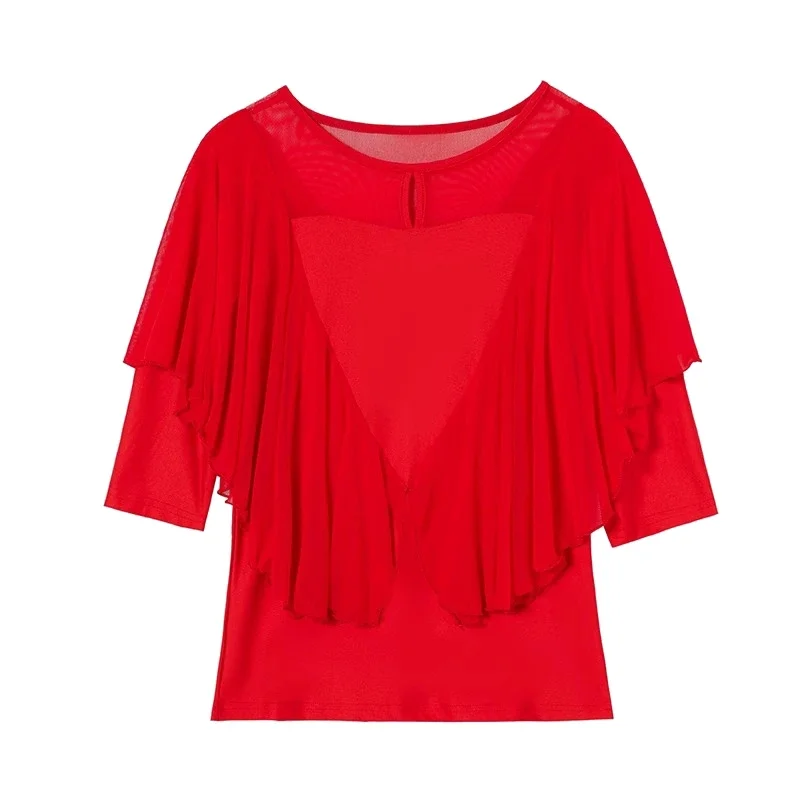 Costume de danse latine pour femmes adultes, noir, manches moyennes, maille, robe d'entraînement moderne, haut de danse de Samba sociale, nouvelle collection été 2025