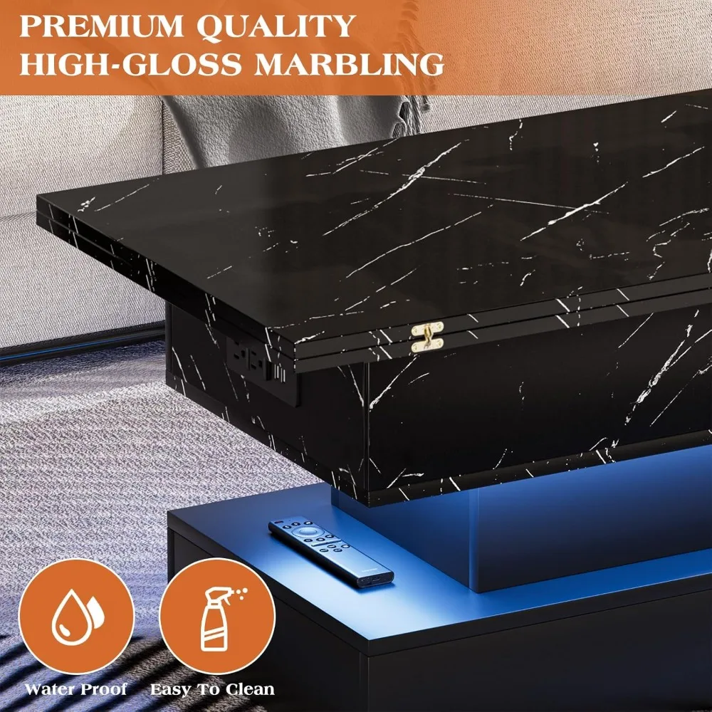 طاولة قهوة قابلة للرفع مقاس 39.4 بوصة مع قاعدة شحن، وطاولة قهوة متعددة الوظائف 4 في 1 مع مساحة تخزين ومقصورات مخفية #6