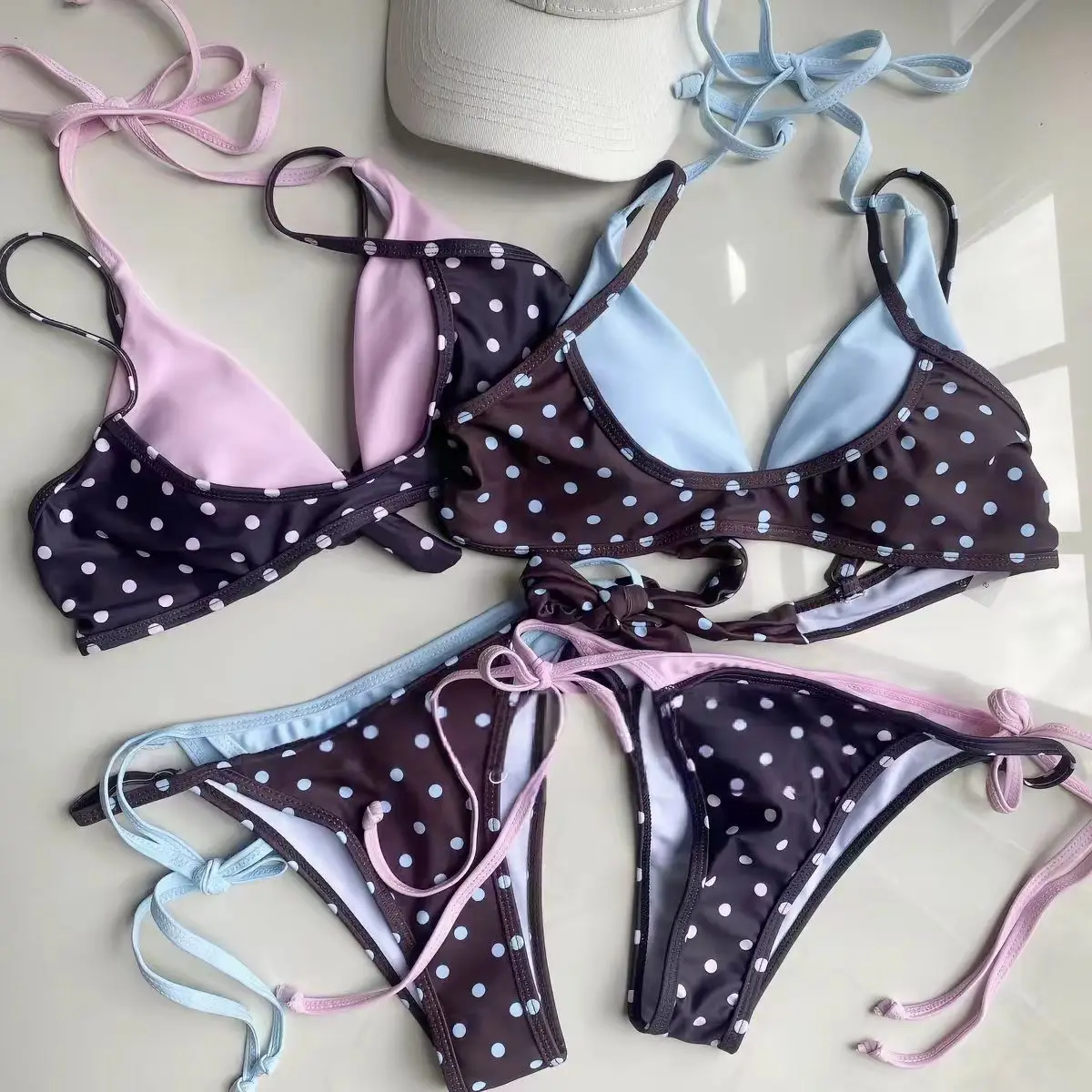 Summer New Polka Dot Butterfly Tie Swimsuit Women Cute Two Piece Bikini Ruffle Bathing Suit Seaside Vacation Beach Outfit