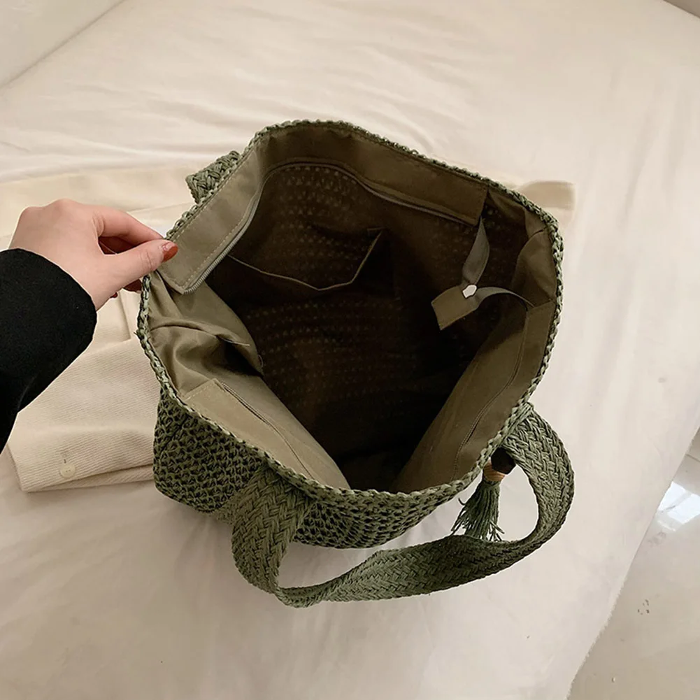 Sacs à main tissés à la main pour femmes, sac d'été tissé, mode Simple, grande capacité avec pendentif pompon, sac à main de Shopping, fourre-tout