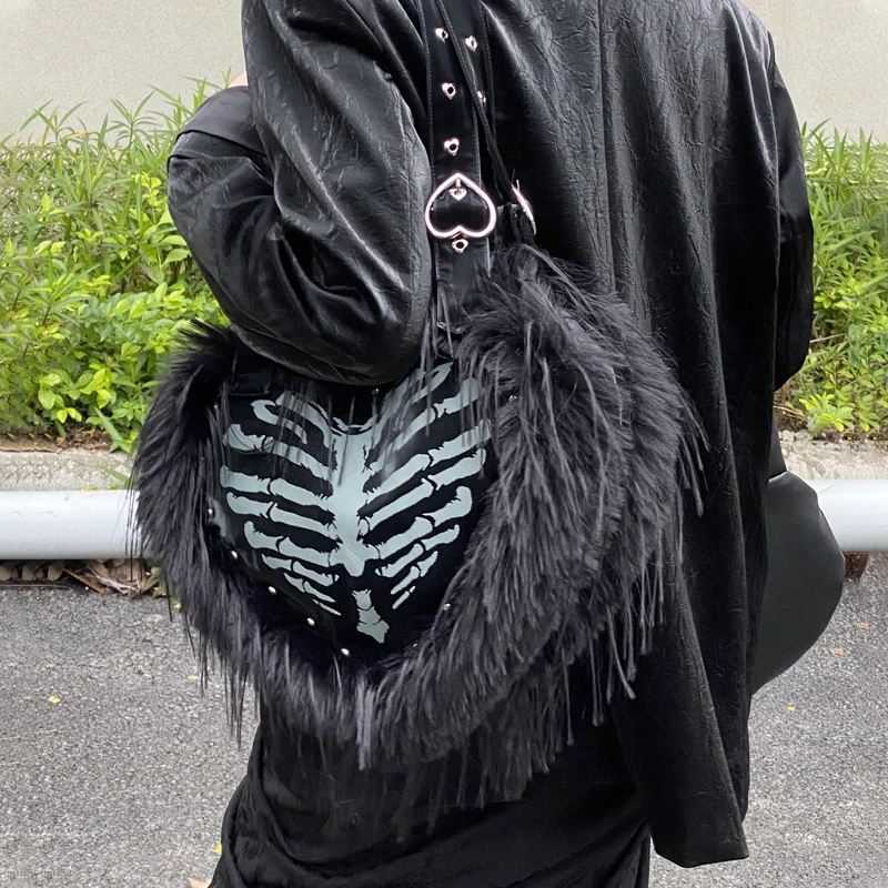 New Advanced Women's Fashion Plush Skull Print Love Shoulder Bag Unique Design Gothic Personality Shoulder Bag Handbag
