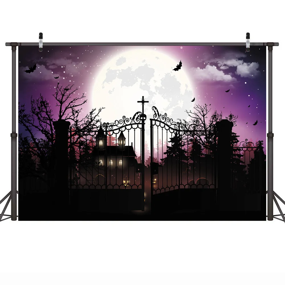 Счастливый Хэллоуин, баннер для вечеринки, фотофон, замок, кладбище, луна, ночь, тыква, фонарь, фон, ведьма, трюк или жизнь, принадлежности