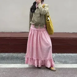 Minimalist Retro Summer New Women's Elastic High Waist Plaid Patchwork Ruffles Elegant Aesthetic Loose All-match A-Line Skirts