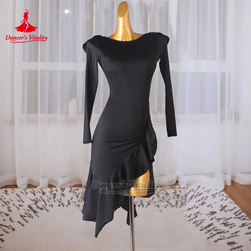 

Латинское платье с длинными рукавами, высоким разрезом и асимметричным подолом для взрослых, профессиональная одежда для выступлений по чача-самбе, индивидуальный пошив для танцовщиц.