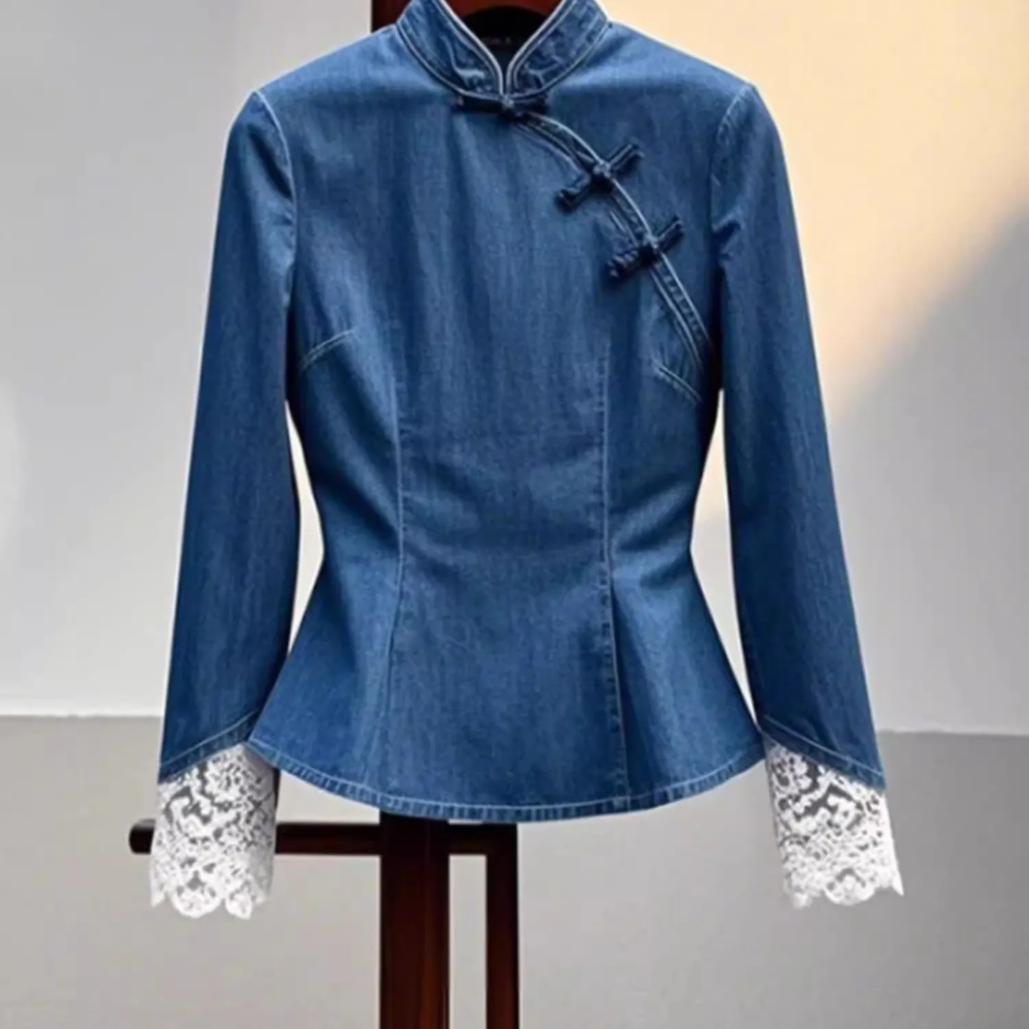 Sli الصينية الجديدة الخفيفة الوطنية Sle Zen فسيفساء جميلة صغيرة الوقوف طوق طويل Sve الخصر جينز داخلي irt