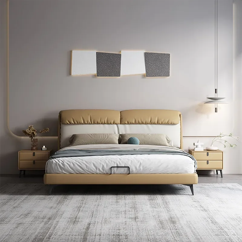 for Wabi Sandy Wind Italian Minimalist Diamond Leather Bed Soft Package Light Luxury Modern Simple Master Bedroom High-end