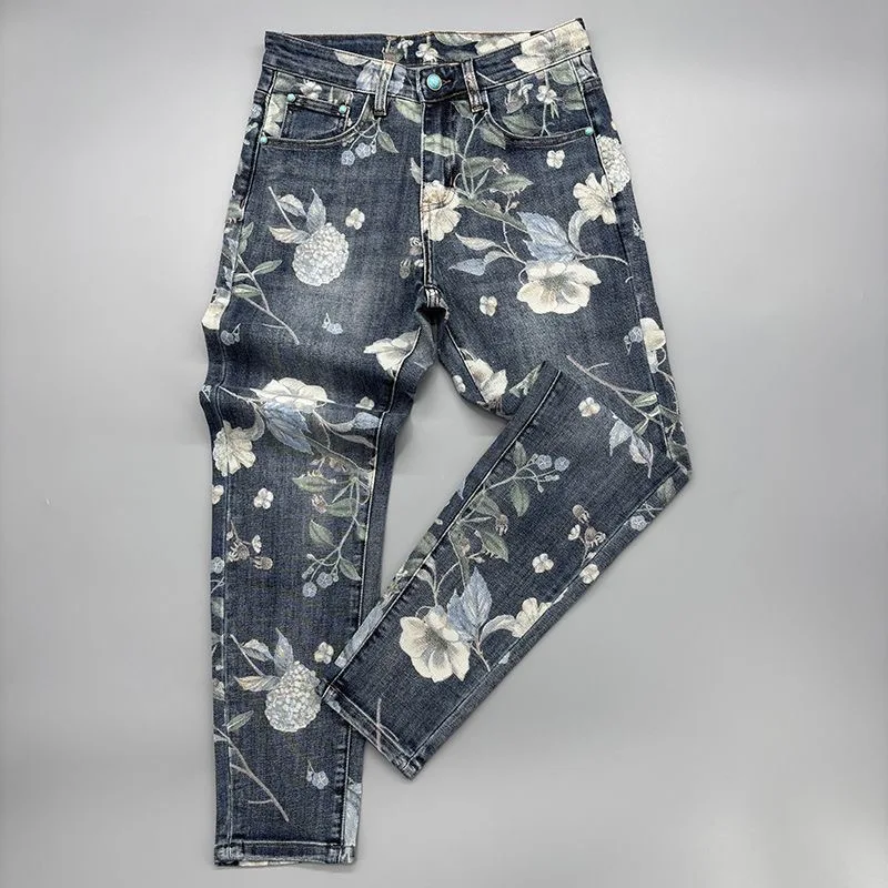 

Spring and Autumn New Fashion Trendy Printed Straight Leg Stretch Jeans Men's Casual Loose Sport High Quality Denim Pants