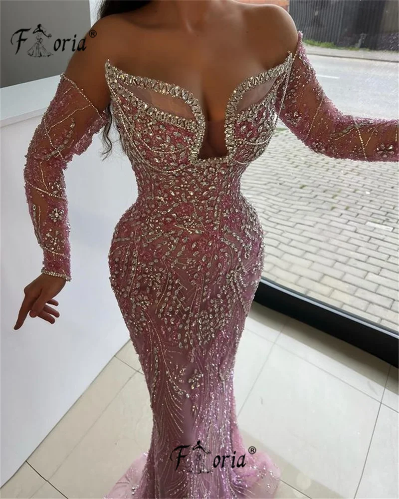 Vestido de fiesta de sirena con cuentas de cristal de lujo, vestido de gala para mujer, vestidos de graduación rosas con cuentas de manga larga personalizados para mujer 2025