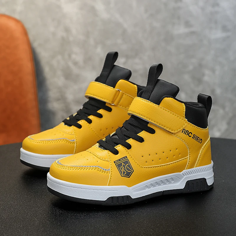 

Брендовая модная детская обувь для скейтбординга, желтые высокие кроссовки, детская дизайнерская обувь, нескользящая спортивная обувь на платформе для мальчиков