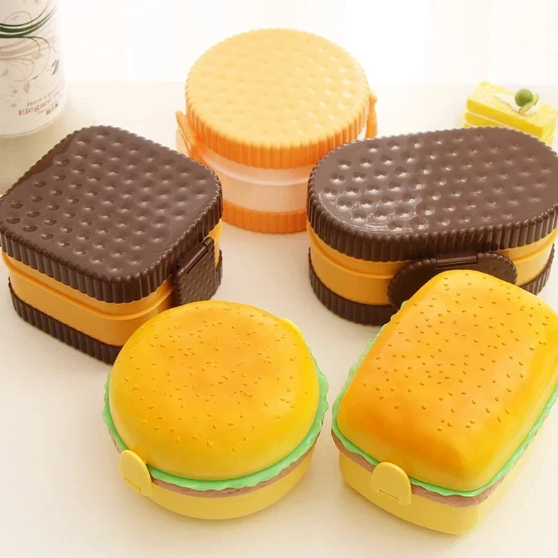 Hamburger Lunchbox Double Tier niedlichen Burger Bento Lunchbox Mikrowelle Lebensmittel behälter Gabel Geschirr Set Eule Fach