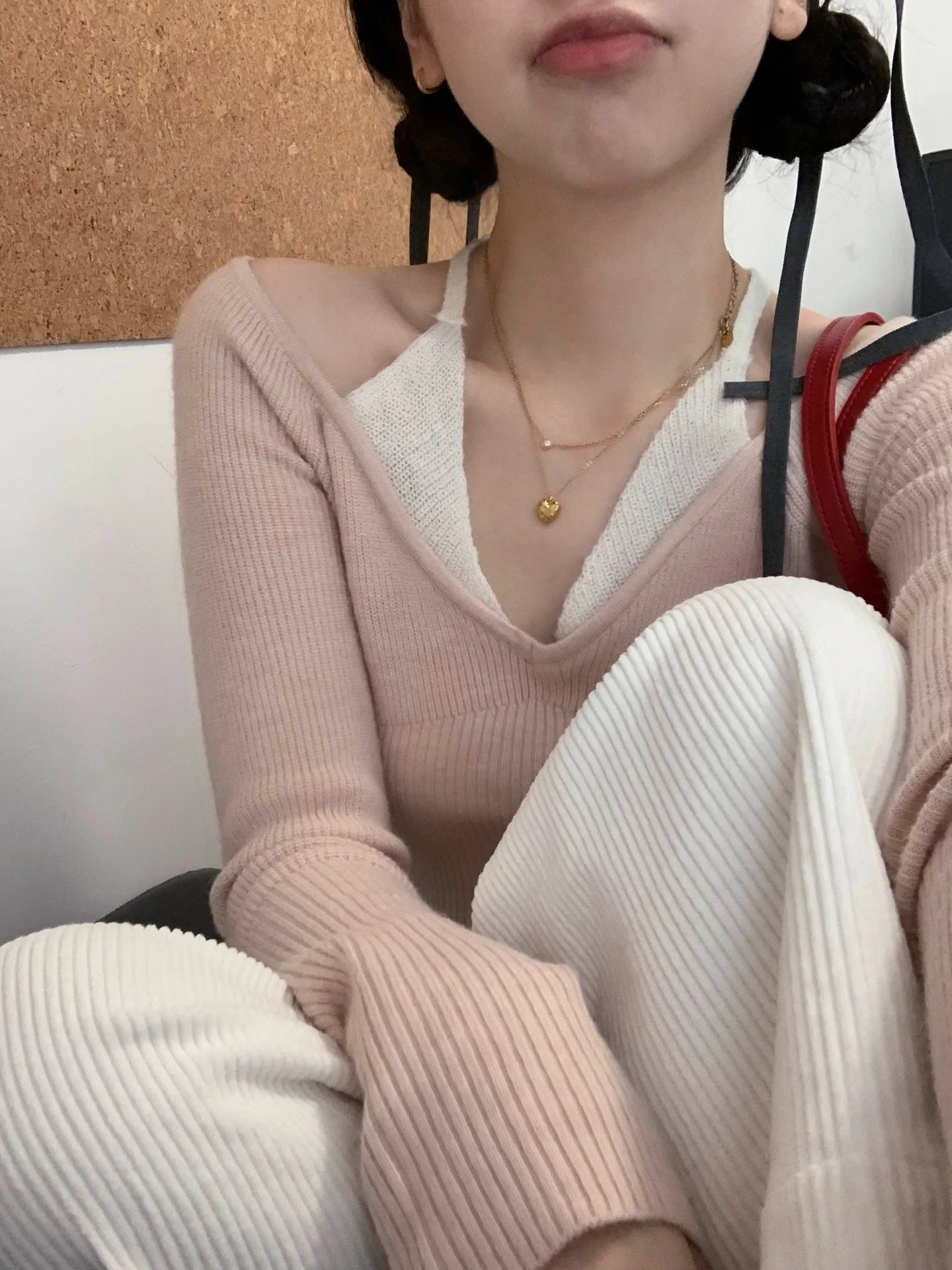 Sweet Dongda Gate Gestricktes Oulder Bared Long Sve Damen Slim Fit Casual Sle Wolloberteil Zweiteiliger Look V Ne Regular L...