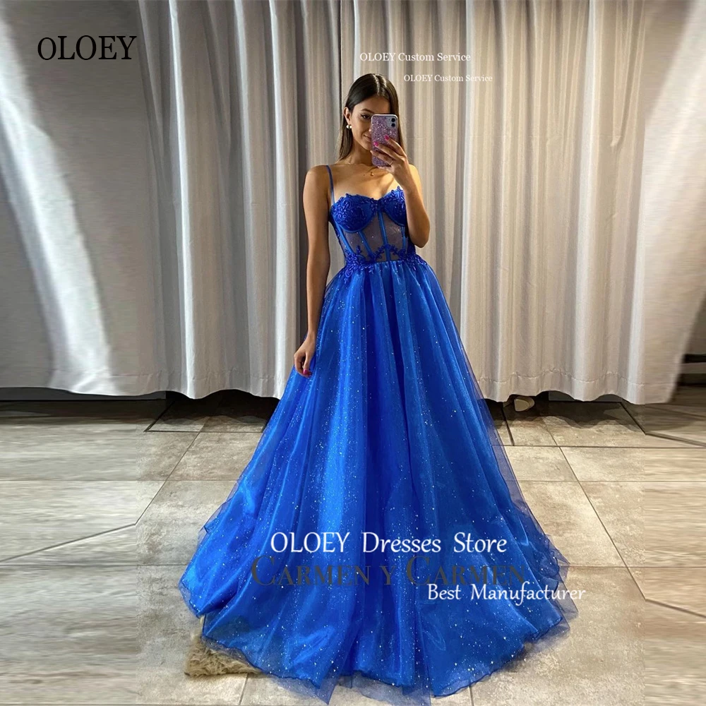 OLOEY-Sparkly Royal Blue Tulle Long Prom Dresses, Spaghetti Straps, Sweetheart Applique, Vestidos de noite, vestido de festa formal, 2023