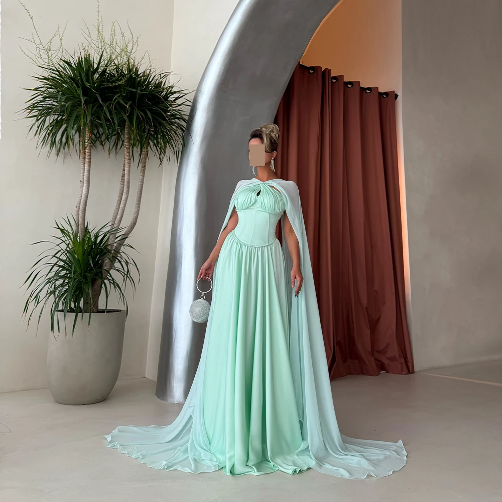 

Elegant Evening Dresses Cape Sleeveless A Line Islam Prom Dress Green Wedding Guest Party Gown Customized فساتين سهرة