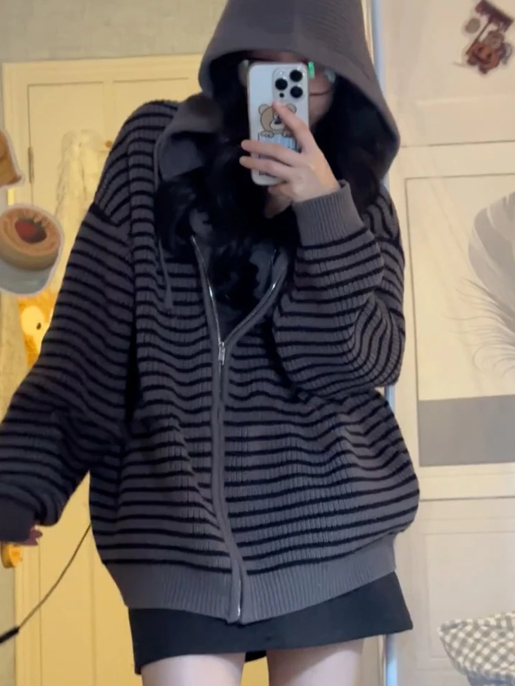 Gray Striped Hooded Knit Sweater Coat Women's Autumn Winter New Style Lazy Fashion High-End Feeling Open Cardigan