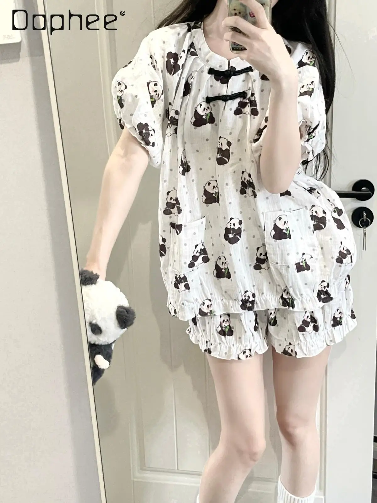 

Original Panda Chinese Style Knot Button Pajamas Bubble Sleeves Polka Dot Loungewear Bud Shorts Female Cute Cotton Two Piece Set