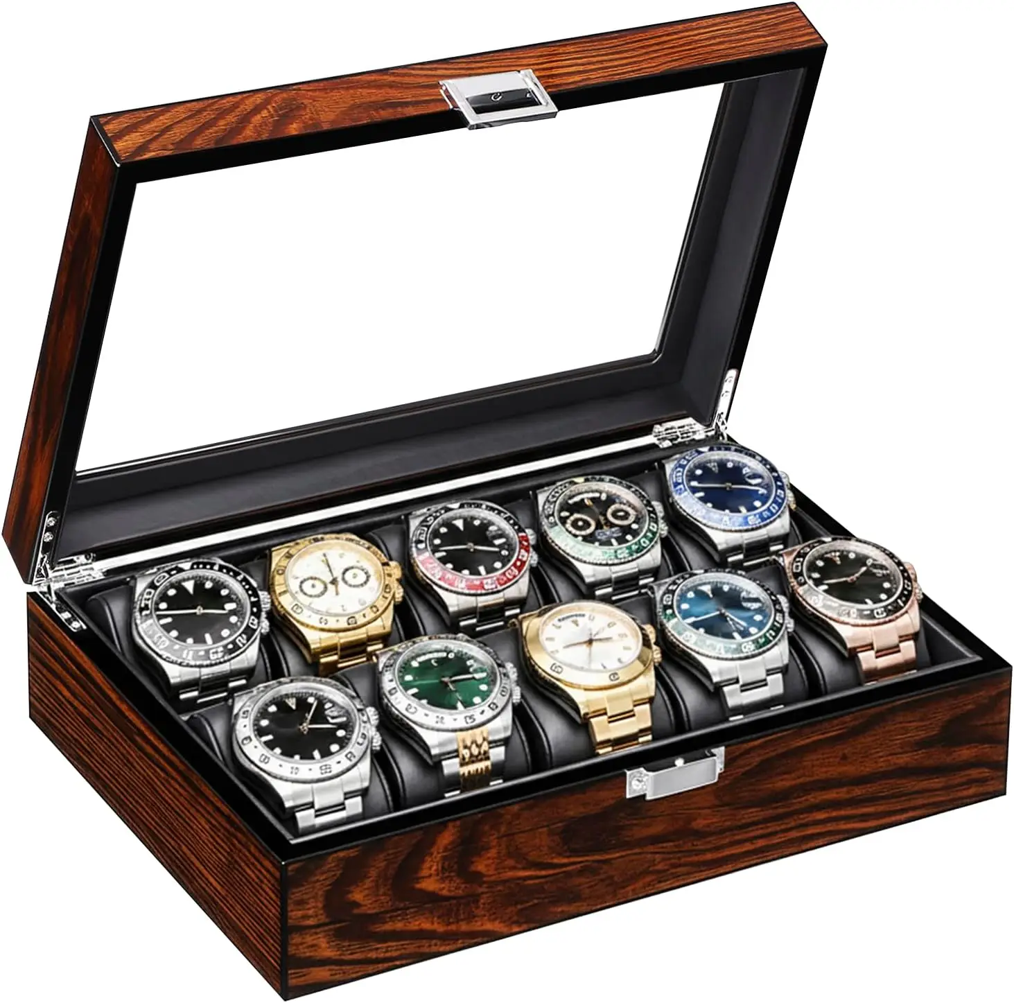 

Деревянная шкатулка для часов на 10 отделений с большой стеклянной крышкой, съемными подушечками и кожаным покрытием для хранения мужских часов, коричневая