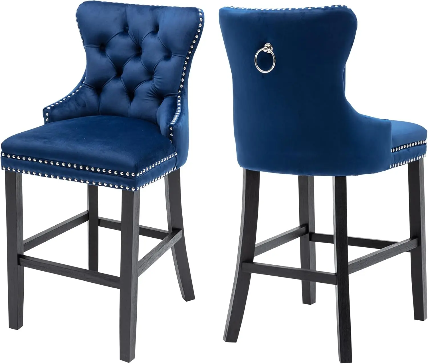 Bar Stools Set of 2, Velvet 26 Counter Height Stools with Button Tufted Back Rivet Trim Bar Chairs for Kitchen Island Wood Frame