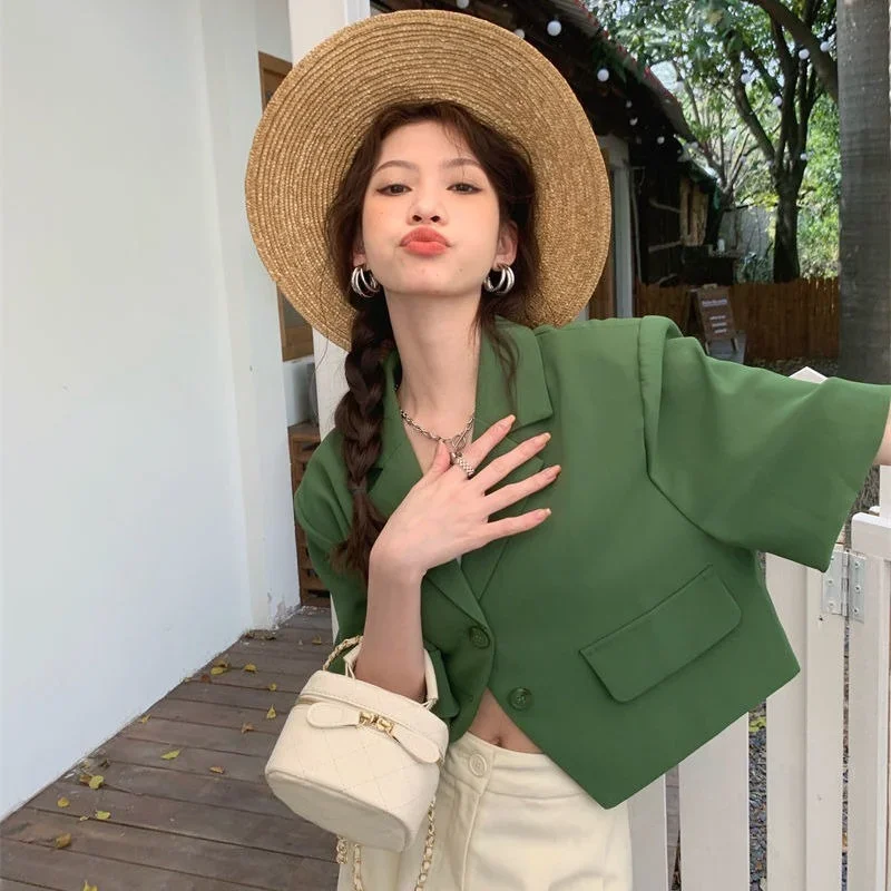 여성용 우아한 레트로 노치드 블레이저, 심플한 올매치, 여름 Mujer 힙스터, 부드러운 학생 크롭, 인스 하라주쿠 하이 스트리트 솔리드