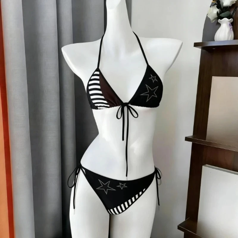 

Harajuku Color Block Bikini Set Halter Tie Two Piece Swimsuit Gothic Backless Beach Outfit Summer Bathing Suit Woman