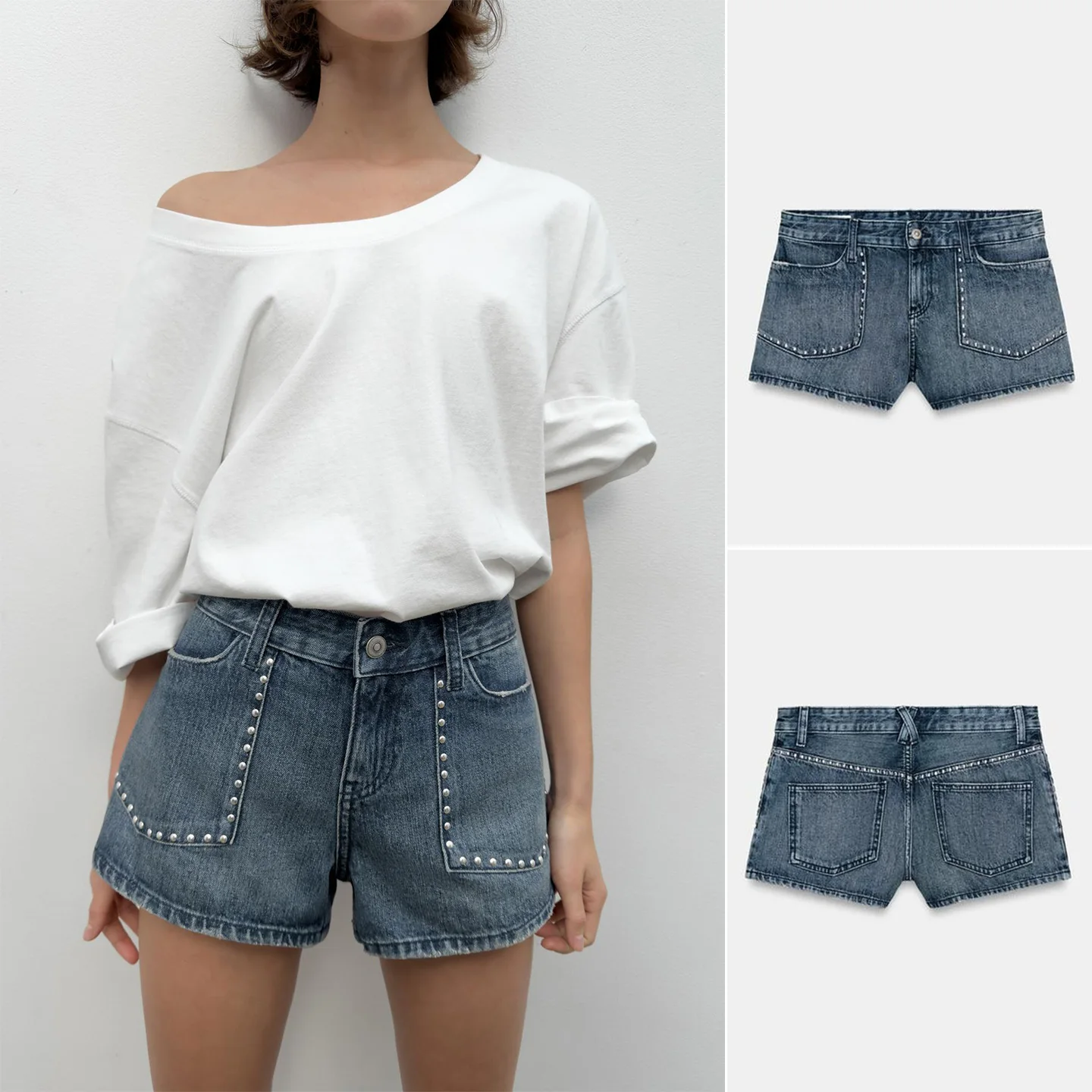 Spring New Women's Jeans Short Pants Metal Button Zipper Middle Waist Cool Sweet Rivet Decorated Denim Shorts Standard Fit