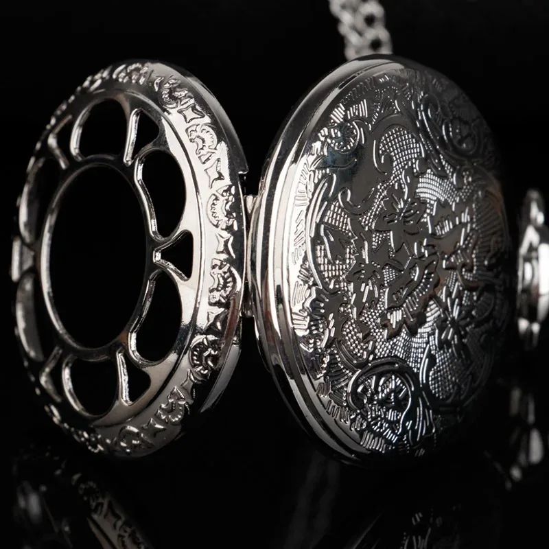 Hollow Luxury Silver Round Dial Quartz Pocket Watches Pendant Necklace Chain Gift Steampunk Hollow for Men Women