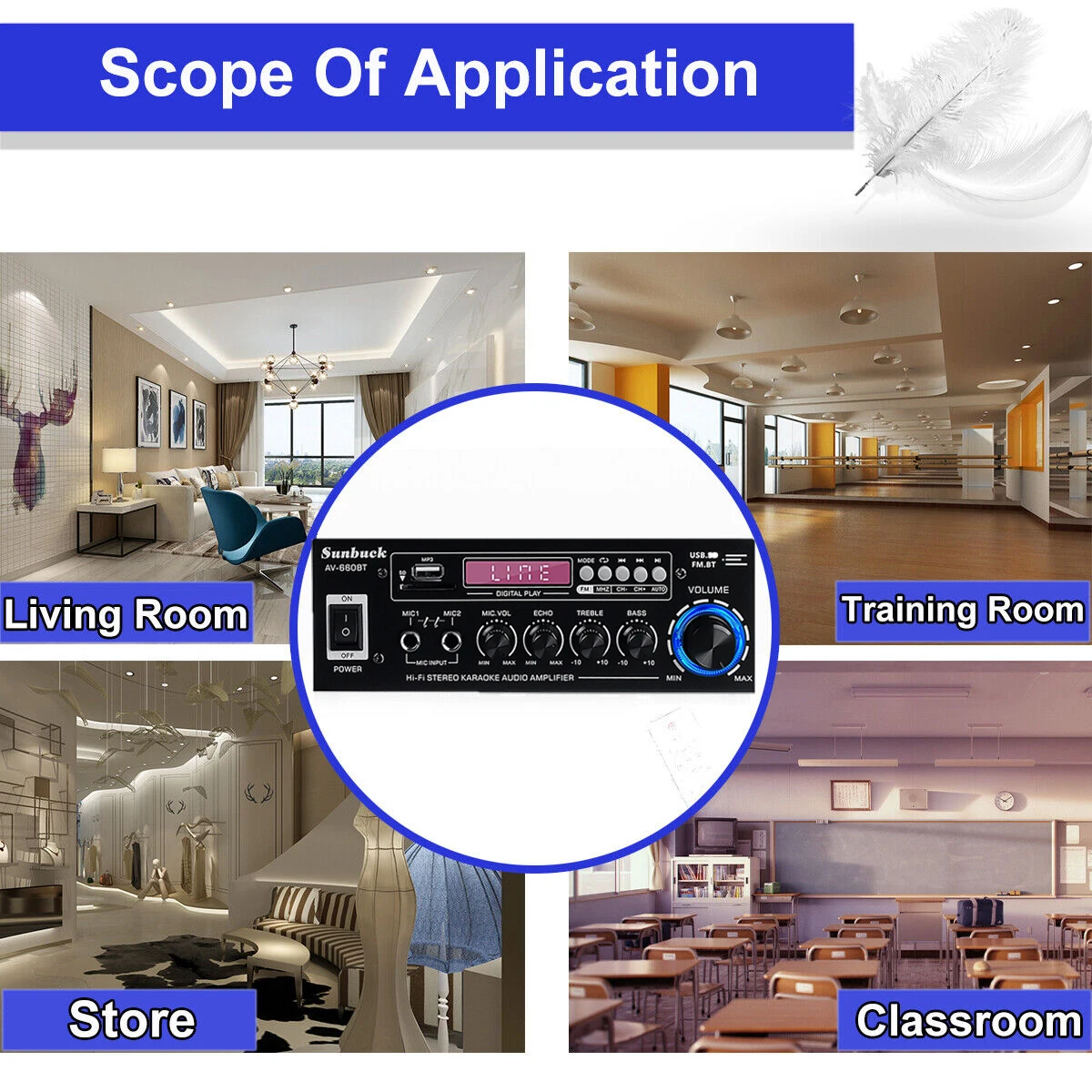 660BT 110V/220V Sound Amplifier for Home Car Theater 2.0 Channel Bluetooth Bass Audio Amplifier Support FM EQ SD USB 2 Mic input