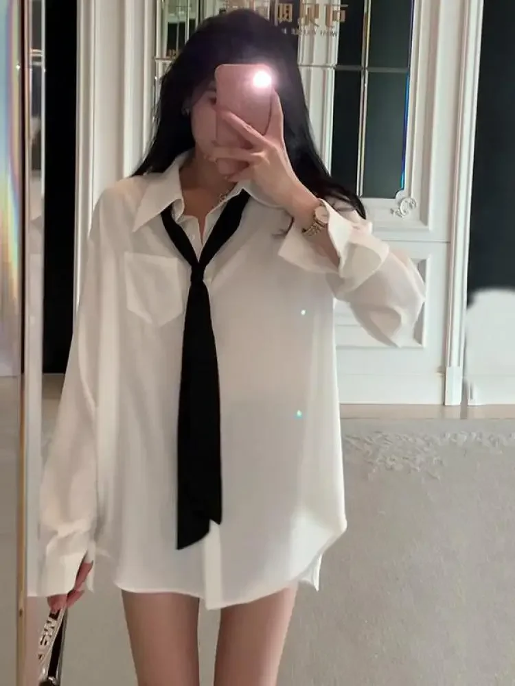 Gothic T Shirt Women Long Sleeve Jk White Shirt Korean Style Solid Tie Oversize Shirt Blouse Loose Streetwear Tops