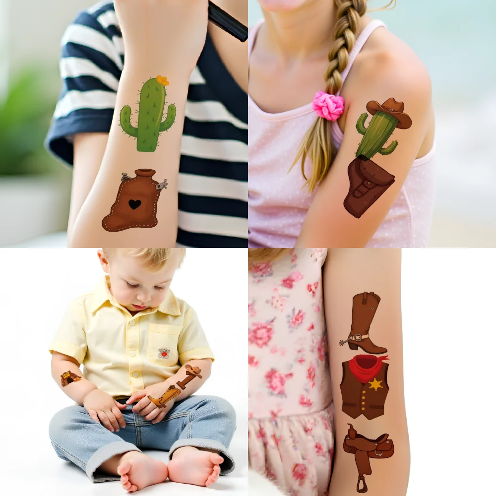 63 قطعة الوشم المؤقت حدوة الحصان المؤقتة لصاقات وشم عربة سترة الكرتون الغربية كاوبوي التمهيد للفتيات الفتيان الأسلحة