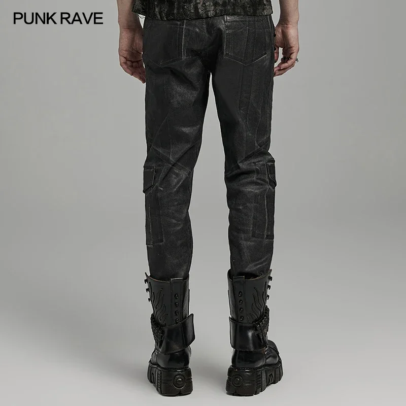 PUNK RAVE Men's Punk Distressed Irregular Texture Pants Decorative Drawstring Design Trousers Autumn Men Clothing Streetwear