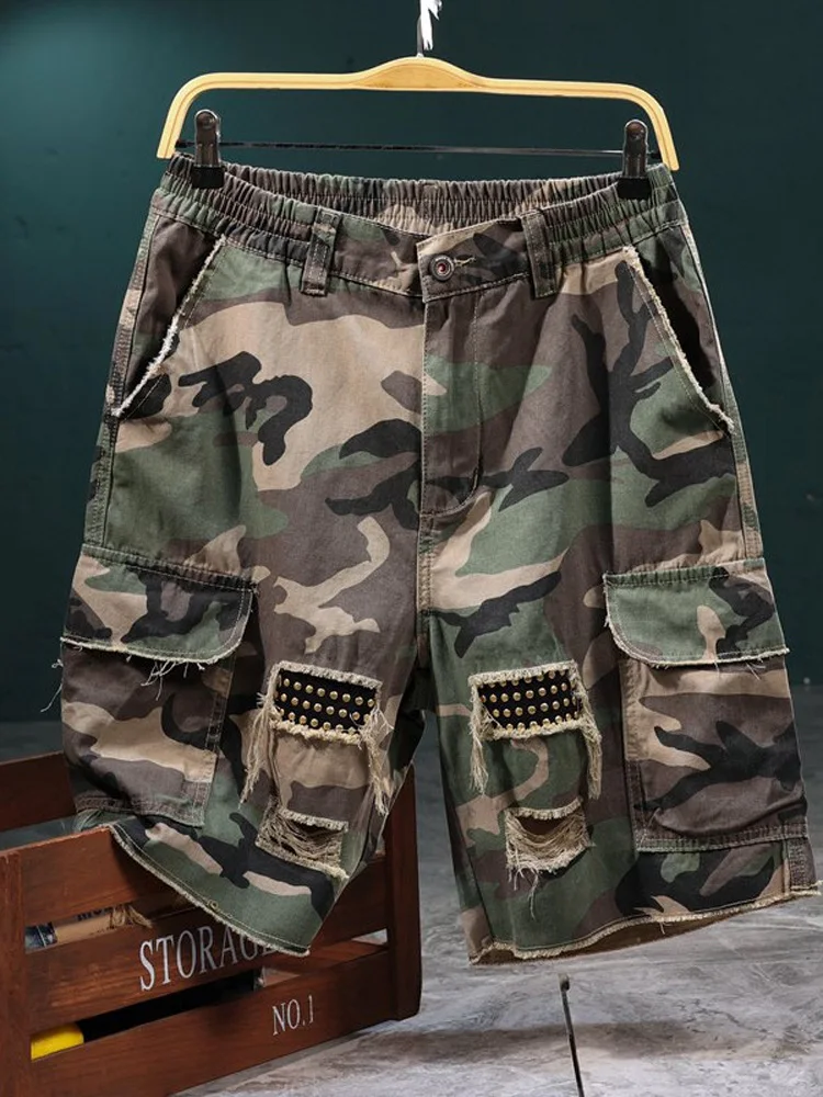 

Streetwear Mens Cotton Camo Cargo Shorts 2026 Summer Fashion Distressed Ripped Studded Multi-Pocket Daily Casual Shorts Man