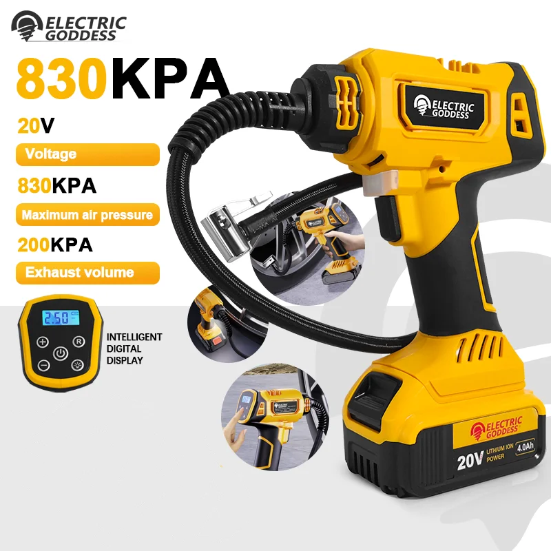 

Воздушный насос 830 кПа, беспроводной литиевый аккумулятор, автомобильный воздушный насос для шин, цифровой дисплей, оснащенный светодиодной подсветкой для аккумуляторного контакта Dewalt 20 В