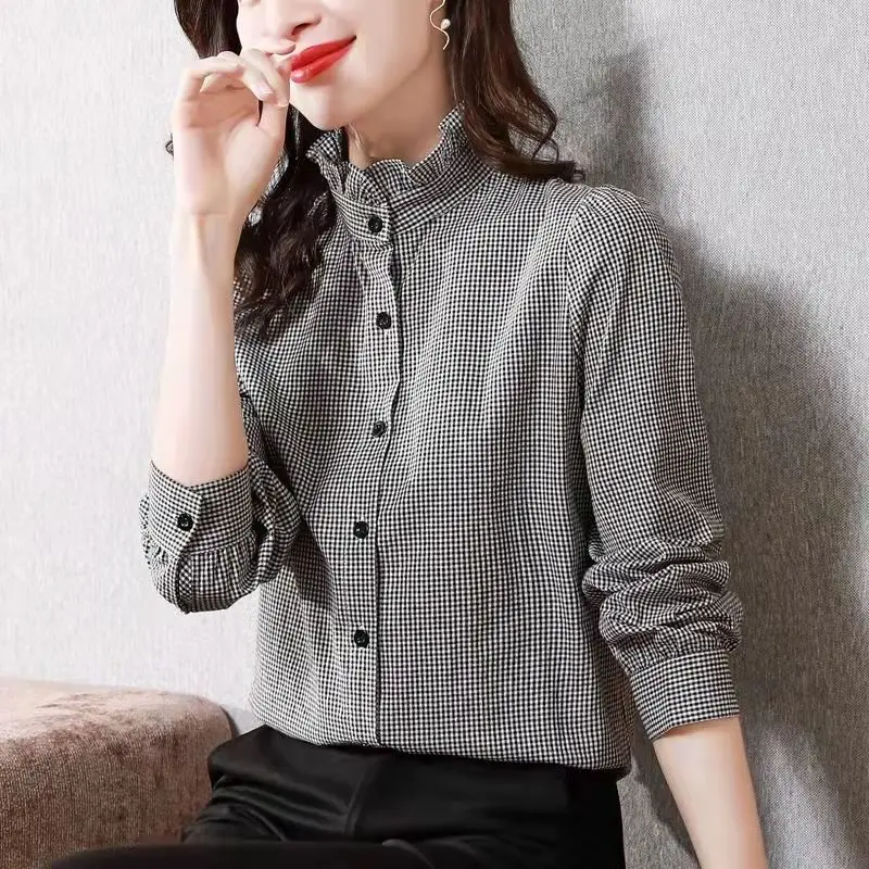 

Women Plaid Vintage Cardigan Blouse Office Lady Spring Autumn Long Sleeve Half High Collar Fashion Loose Elegant Casual Shirt