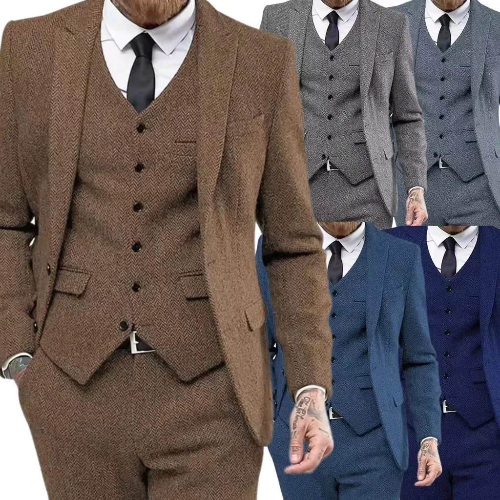 

Blazer For Men Designs Brown Tweed Suit Men Vintage Winter Formal Wedding Suits For Men Men's Classic Suit 3 Pieces Men Suit