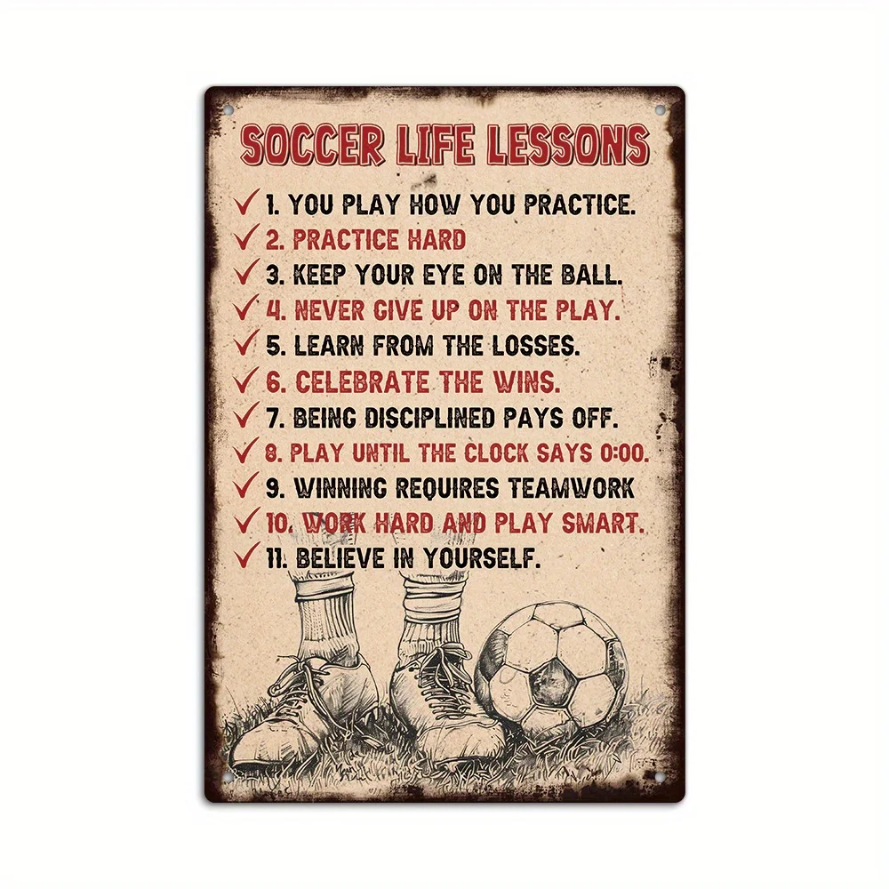 Aluminium-Metallschild, „Soccer Life Lessons“-Wanddekoration mit Vintage-Print für Sportfans, Schlafzimmer, Spielzimmer und Zuhause