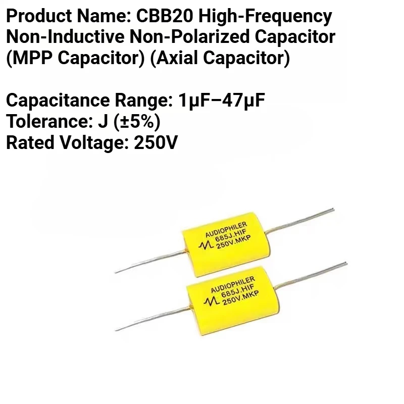 CBB20 MKP Polypropylene Film Capacitor Yellow Non-polar Axial 250V 0.68uF~47uF (684J~476J) High Frequency Capacitors