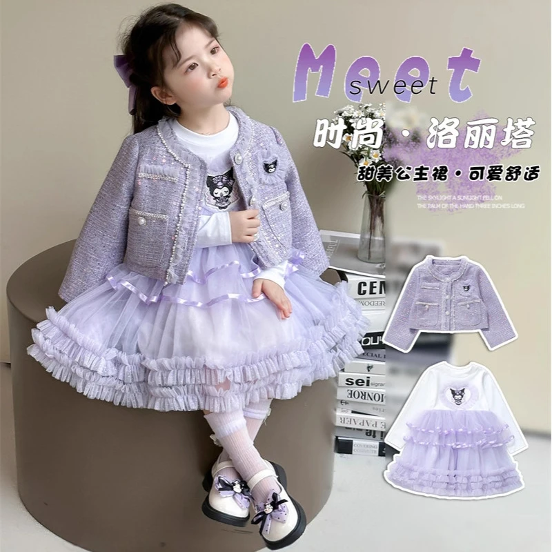 

Kawaii Sanrio Kuromi Kid Coat Dress Set Cartoon Spring Autumn Princess Dress Anime Sweet Coat Cute Children's Clothing Girl Gift