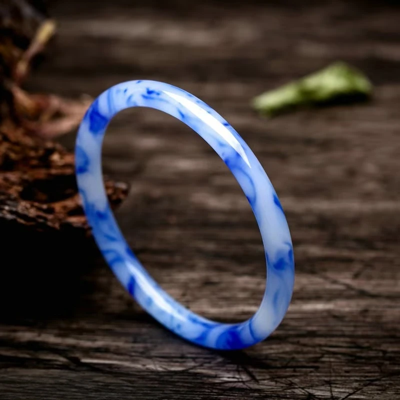 Natural Chinese Blue and White Hand Carved Round Bar Jade Bracelet Fashion Boutique Jewelry Women's Blue Bracelet Popular Gift