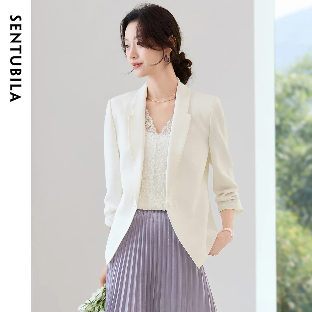 SENTUBILA Women Office Lady Blazer Suit Outwear Summer Button-Down Shoulder Pads Three Quarter Sleeves Short Jackets 152XC1936
